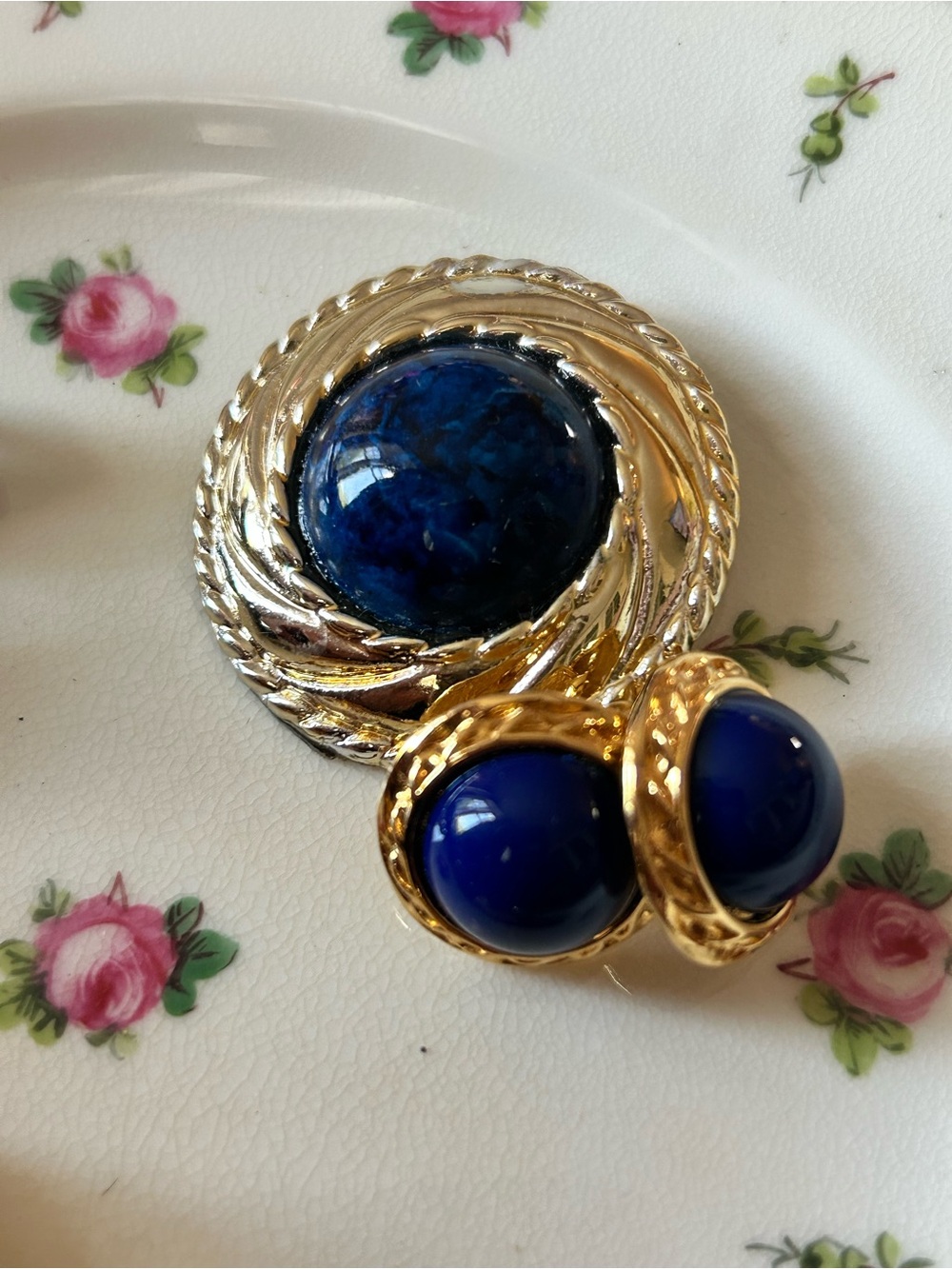 Gold-Tone Blue Cabochon Button Earrings Brooch Set clip on earrings (pin wear)